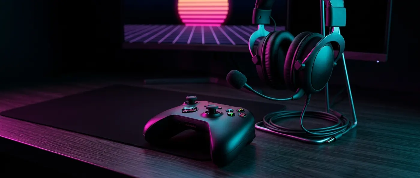 Mando y auriculares gaming sobre un escritorio iluminado con neón rosa y cian