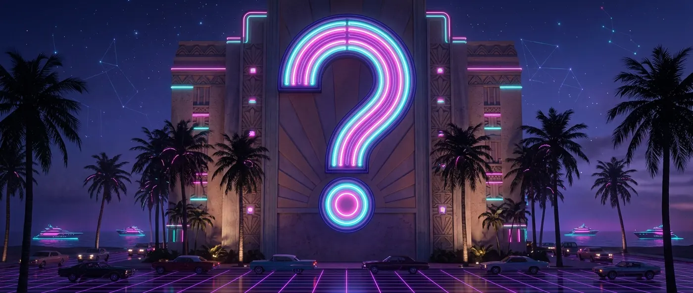 Gran interrogación de neón rosa y cian en la fachada de un edificio art déco entre palmeras
