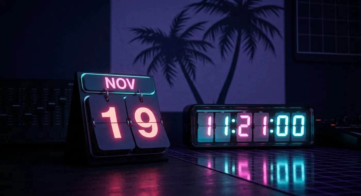 Calendario retro de neón marcando el 19 de noviembre junto a un reloj de láminas, con sombras de palmeras