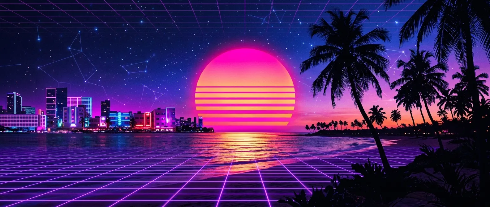Atardecer synthwave con sol de neón, palmeras y rejilla ochentera frente al mar