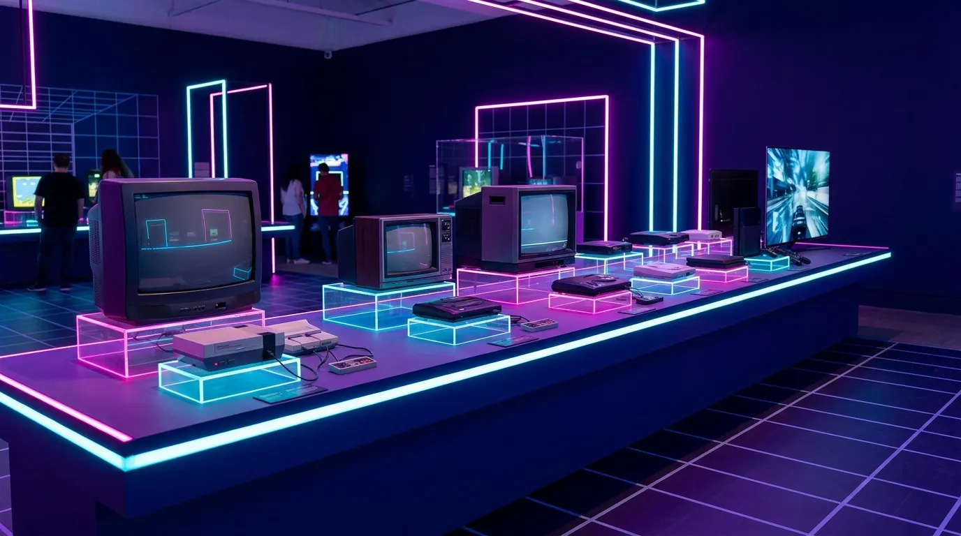 Exposición de televisores y consolas retro evolucionando hasta una pantalla moderna, iluminada con neones