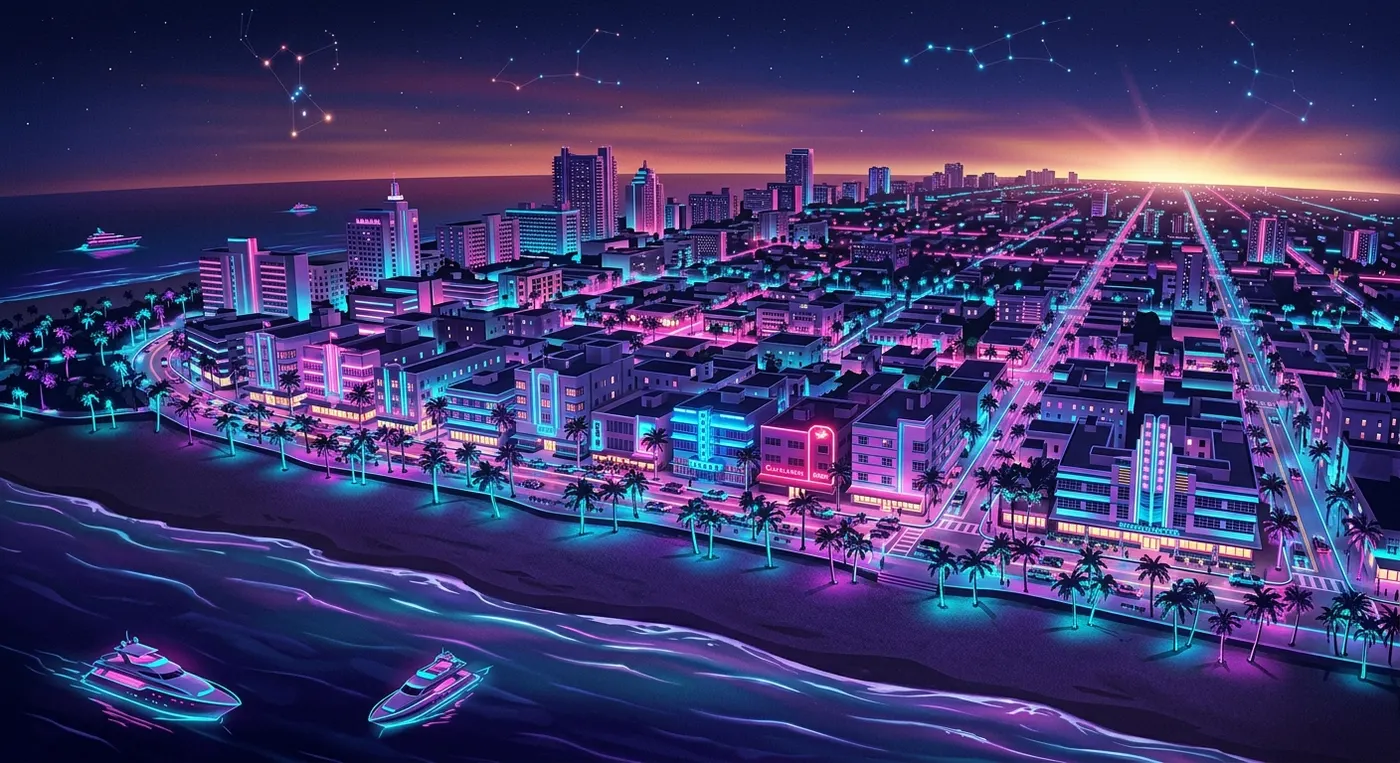 Ilustración de una ciudad costera iluminada con neones rosas y cian al atardecer