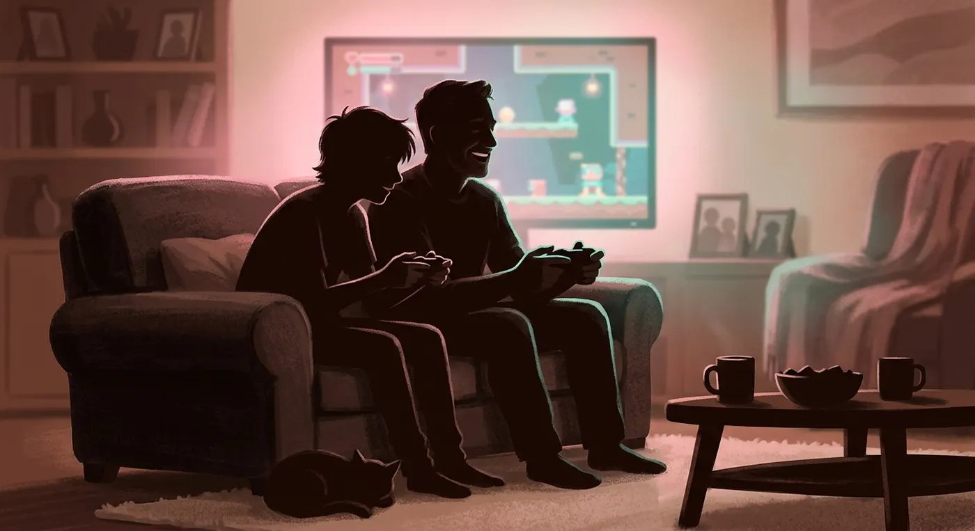 Padre e hijo adolescente jugando juntos a videojuegos en el sofá del salón