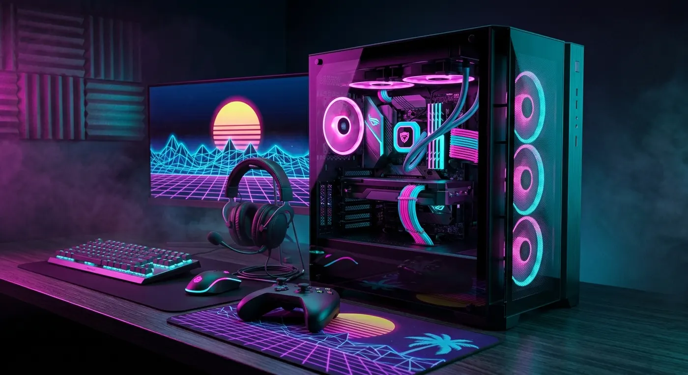 Ordenador gaming con iluminación RGB rosa y cian en un escritorio a oscuras