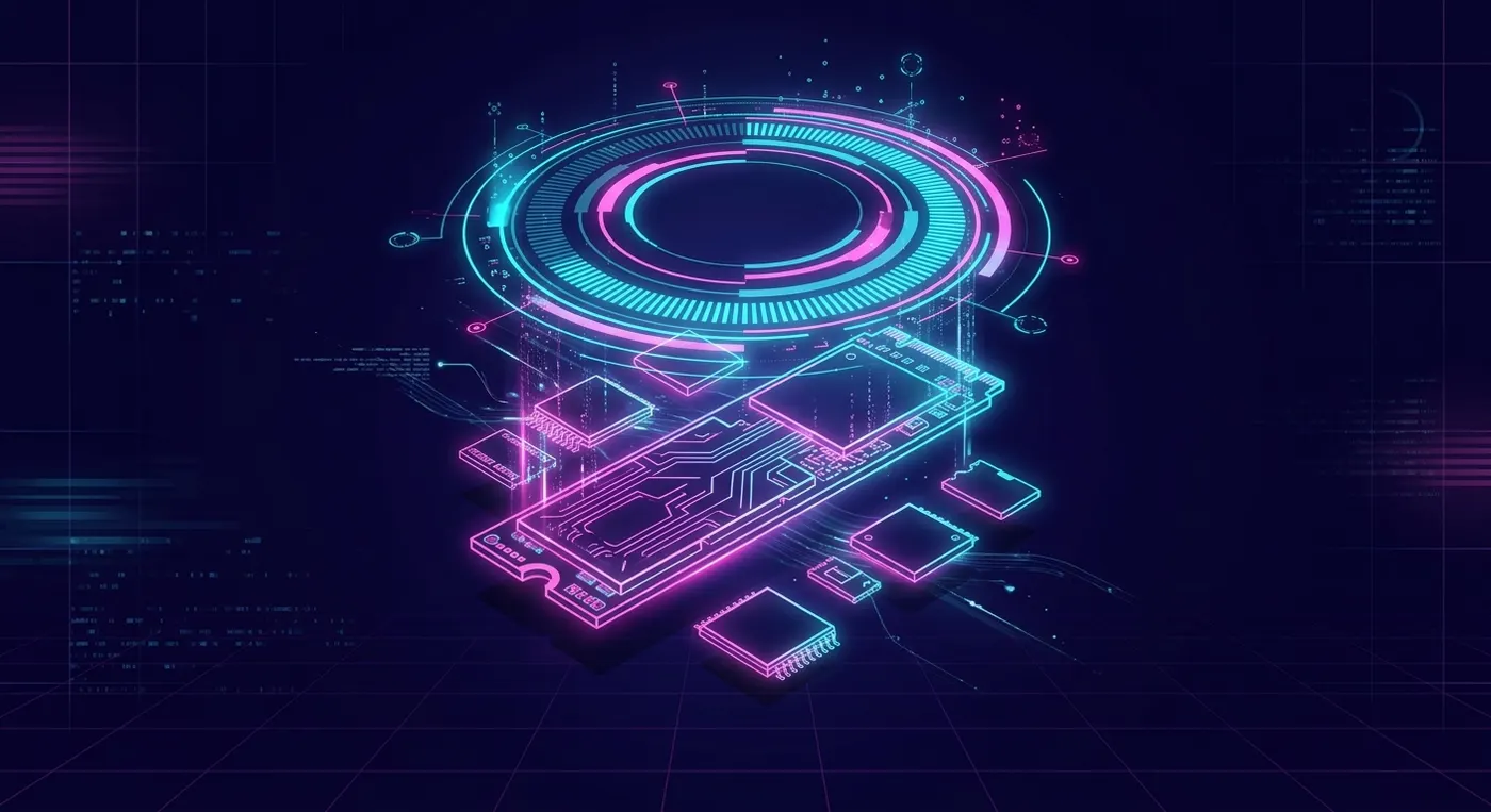Ilustración holográfica de un SSD y chips de memoria con un anillo de progreso de descarga