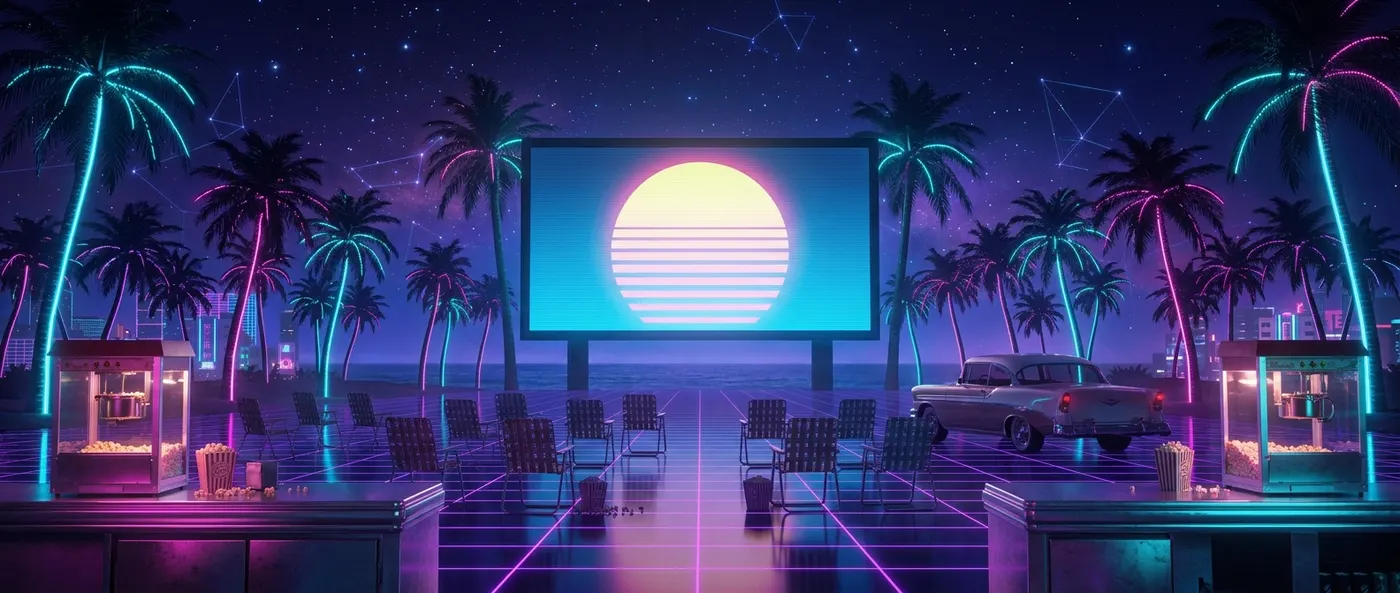 Autocine retro con pantalla gigante brillando entre palmeras de neón bajo un cielo estrellado
